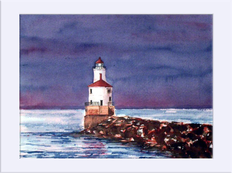 "Faro sobre cielo tormentoso" - Acuarela