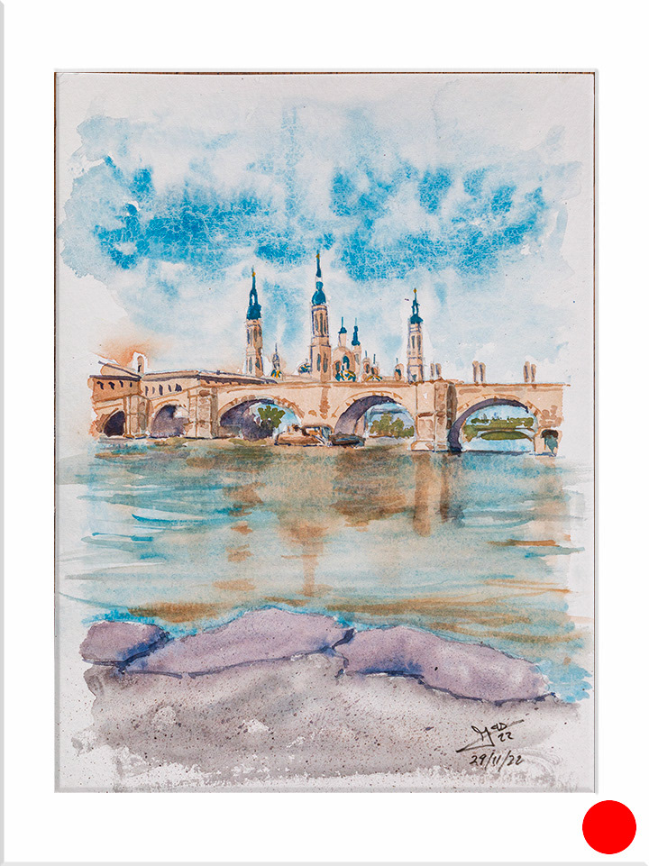 Puente de piedra y El Pilar. 32 x 24 cm