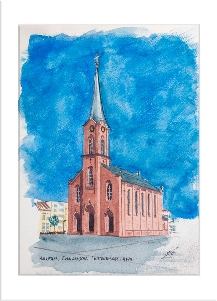 Kehl, Marktplatz, Evangelische Friedenskirche. Acuarela, 36x26 cm