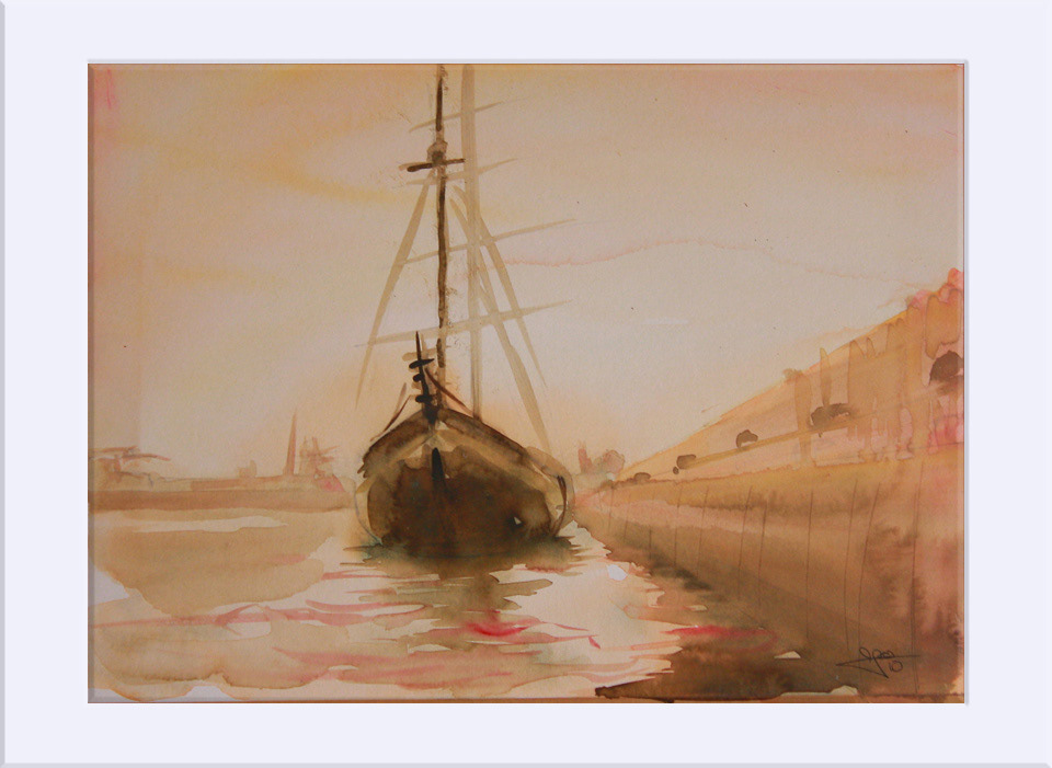 "Velero. Puerto de Valencia I " - Acuarela, 26x36 cm