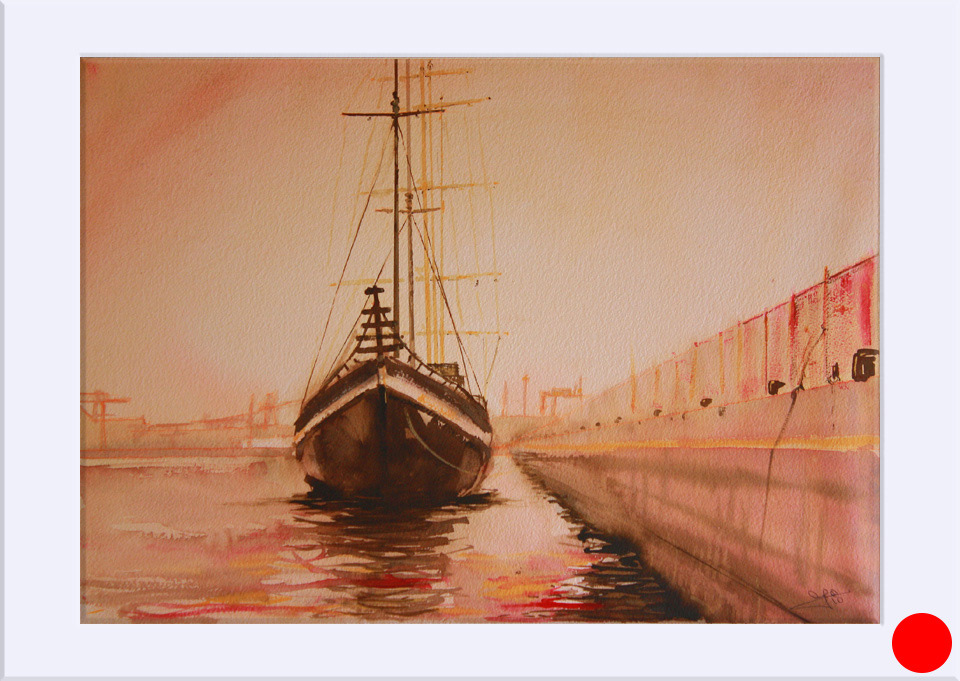 "Velero. Puerto de Valencia II" - Acuarela, 37.5x52 cm