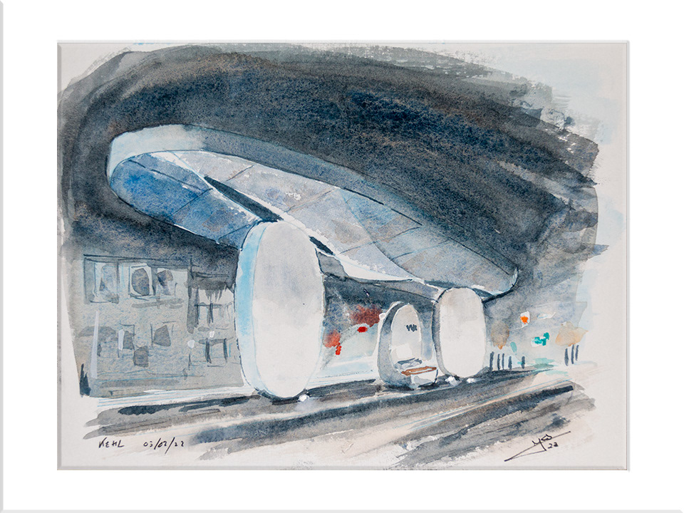 Kehl, parada de tranvía. Acuarela 24x32 cm