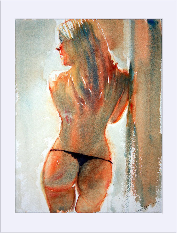 "Desnudo de espaldas, tres cuartos " - Acuarela, 31x23.5