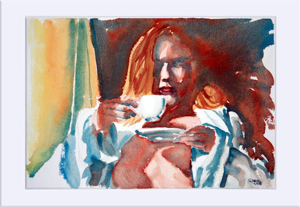 "Desayuno I " - Acuarela, 22x32 cm