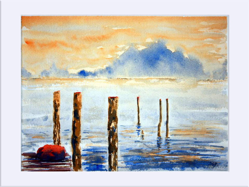 "Atardecer en el muelle" - Acuarela,27.5x37 cm