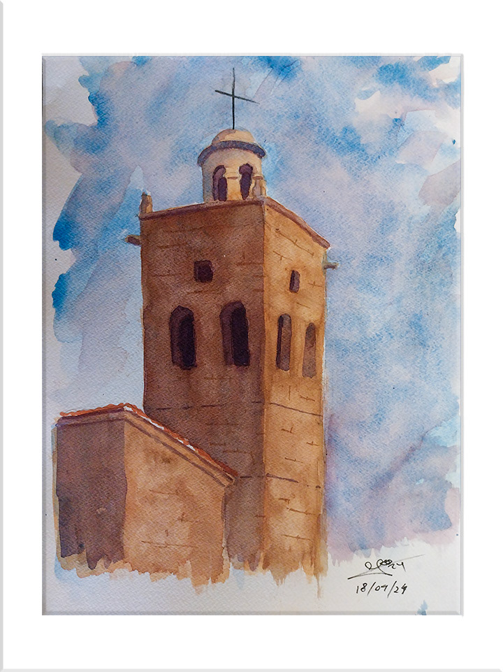 Jabaloyas. Torre desde el cerrado de Juan. Acuarela, 36 x 26 cm