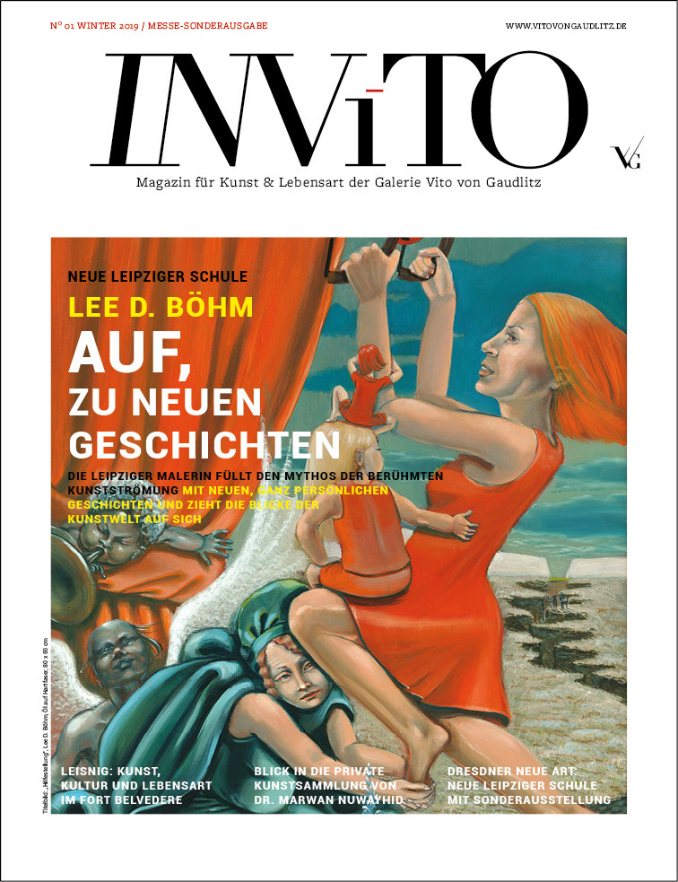 INVITO Magazin der Galerie Vito von Gaudlitz, Ausgabe Winter 2019 zur Messe Neue Art zum Thema Neue Leipziger Schule mit dem Gemälde "Hilfestellung" von Lee D. Böhm als Titelmotiv.