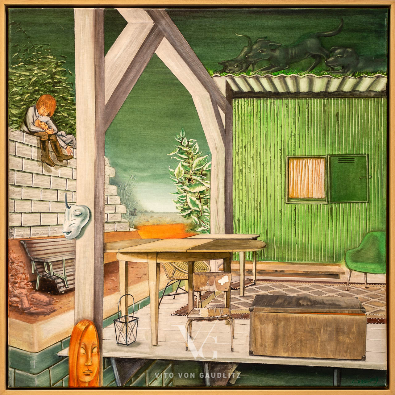 Idyll, 2009, Gemälde von Lee D. Böhm, Öl auf Leinwand, 100,0 x 100,0 cm, im Holz- Schattenfugenrahmen, Galerie Vito von Gaudlitz, Neue Leipziger Schule