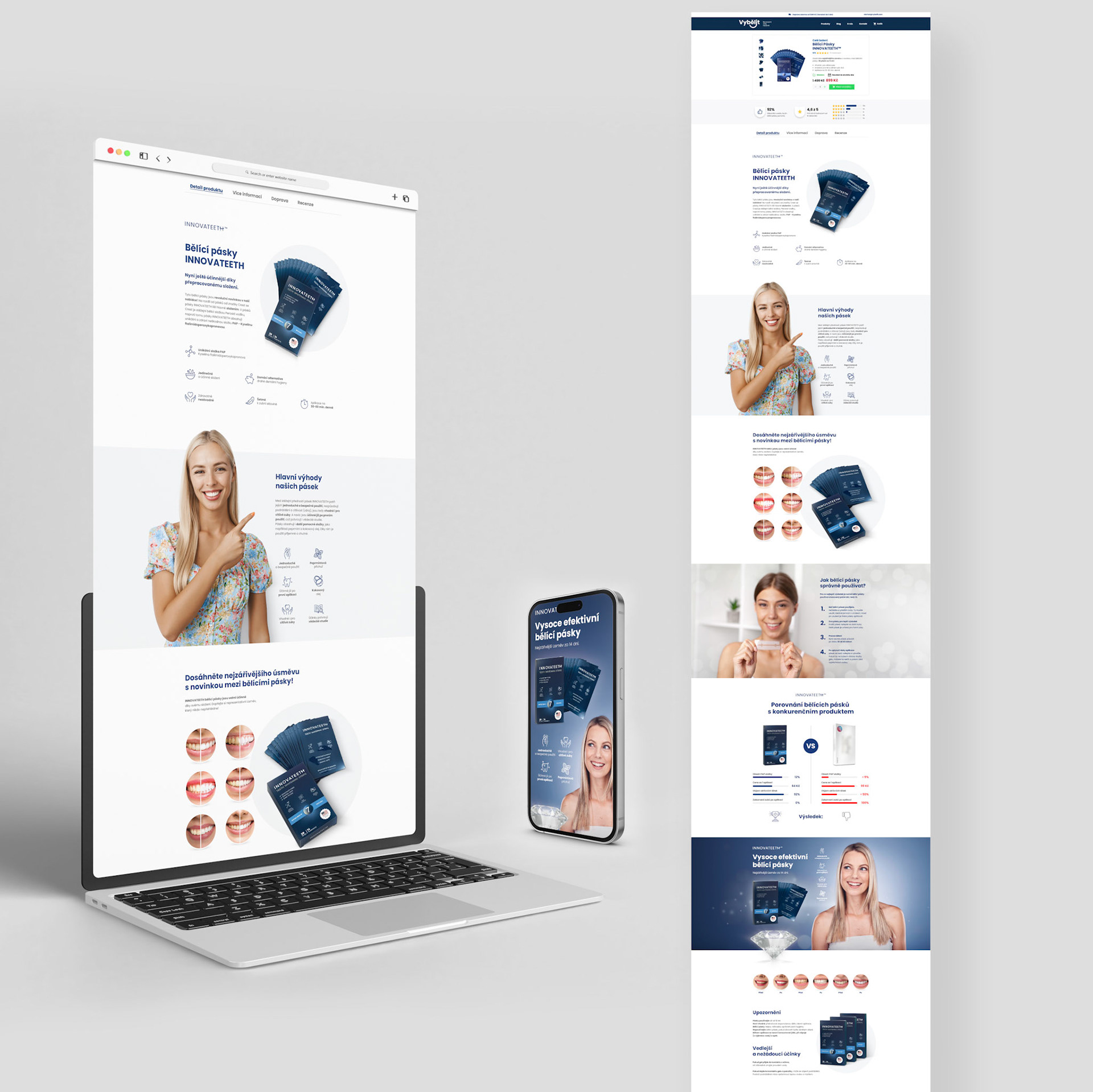 Návrh product page včetně vytvoření vizuálů a doplňkových ikon pro bělící pásky na zuby