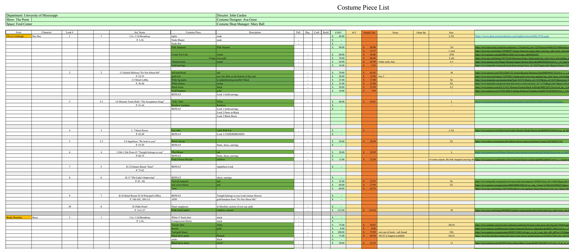 The Prom (Musical, 2023) Budget Sheet sample