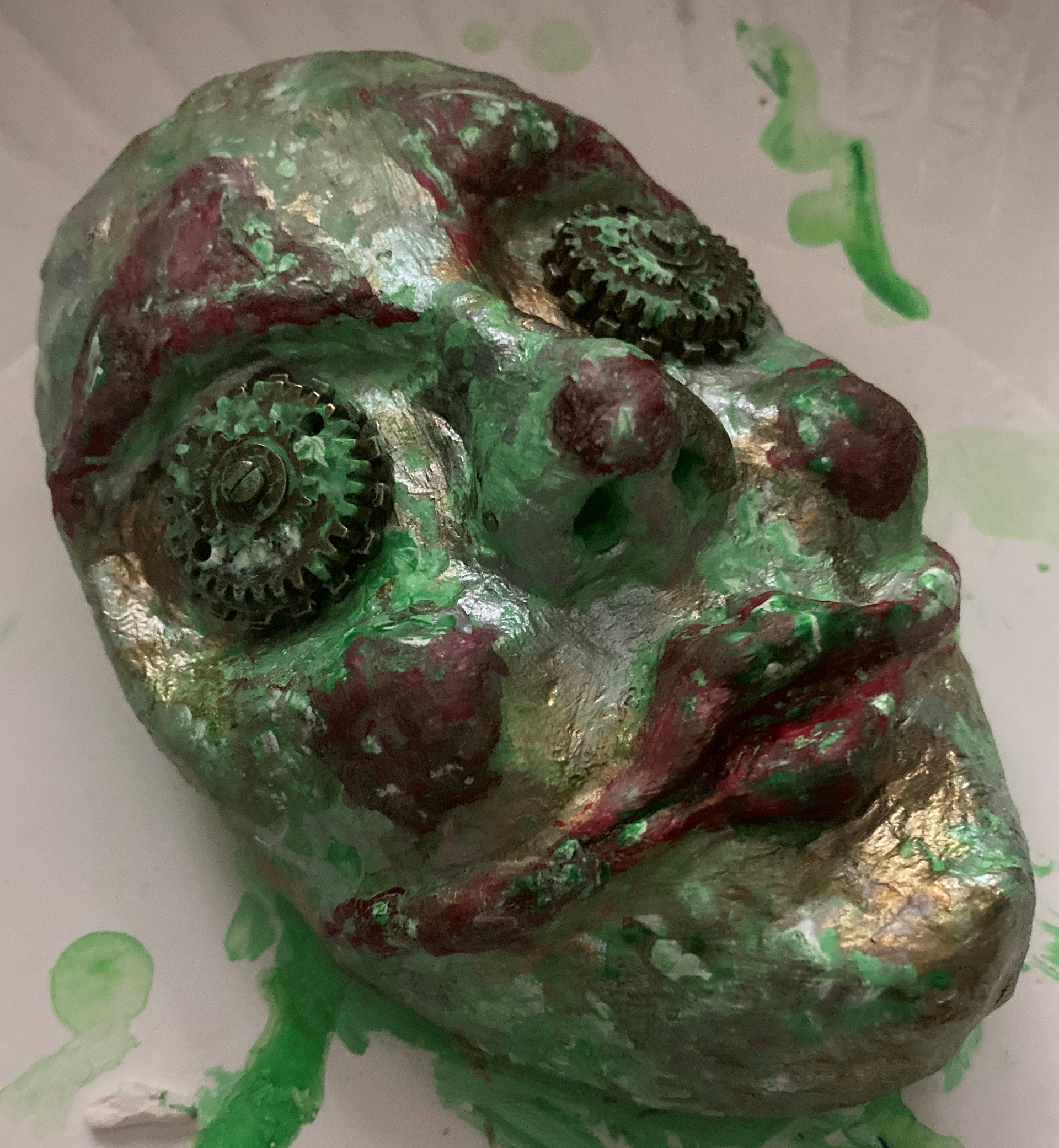 Mask of the Automaton Clown - Elias Rosenshaw 3/20/2022 - Clay with acrylic paint and gears