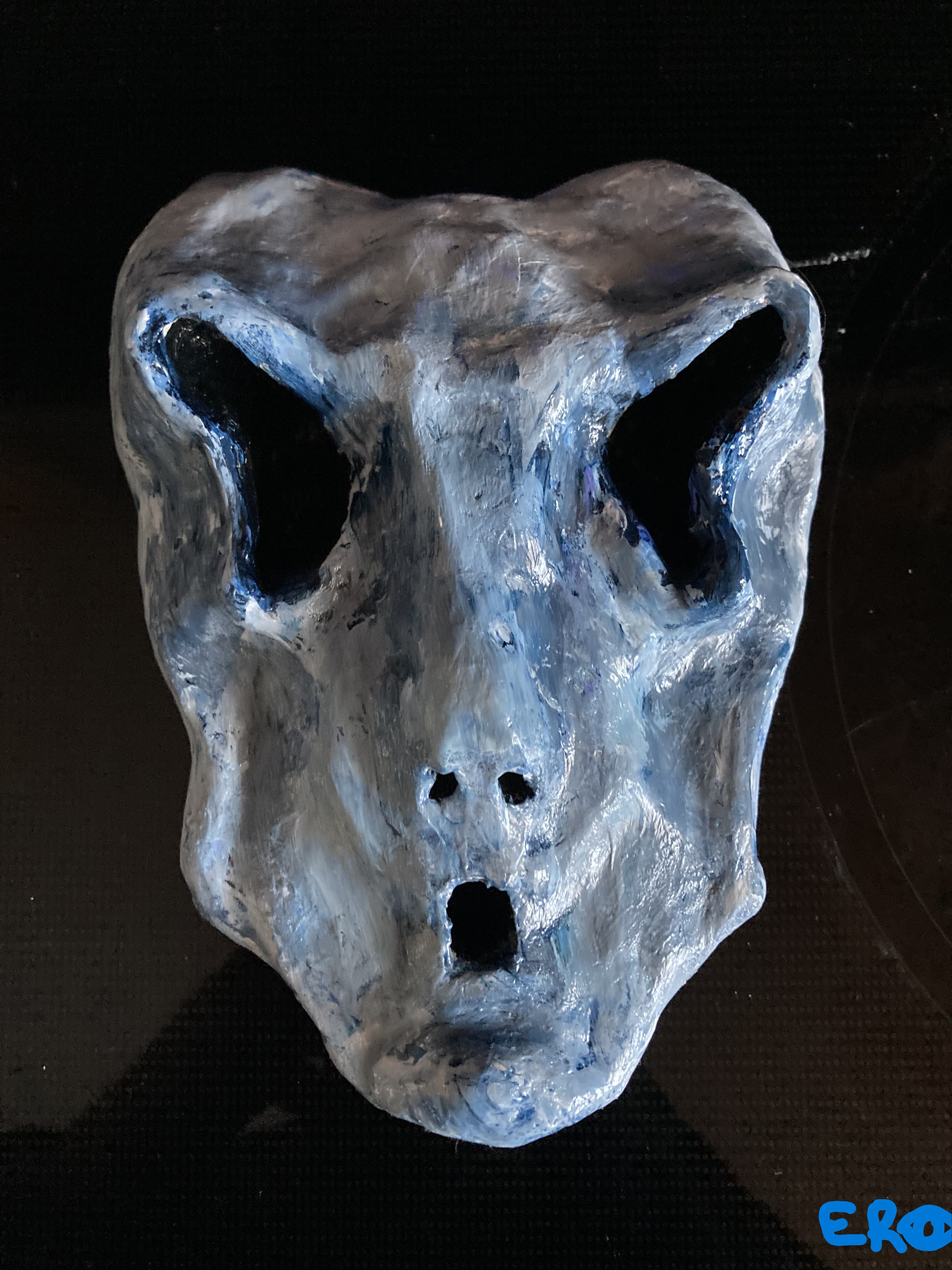 Mask of the Raging Cold - Elias Rosenshaw 2/16/2024 - Air-dry clay with acrylic paint & sealant. 