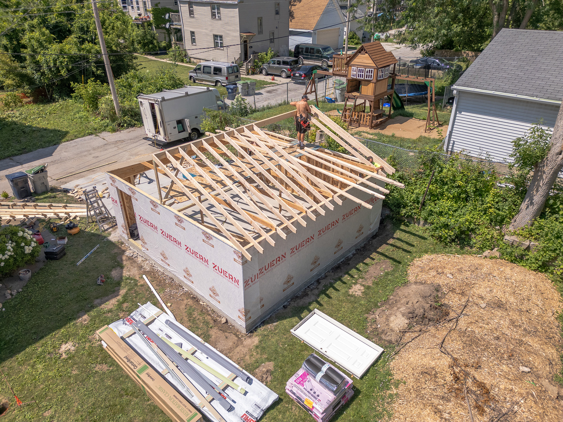 Aerial view of garage construction s