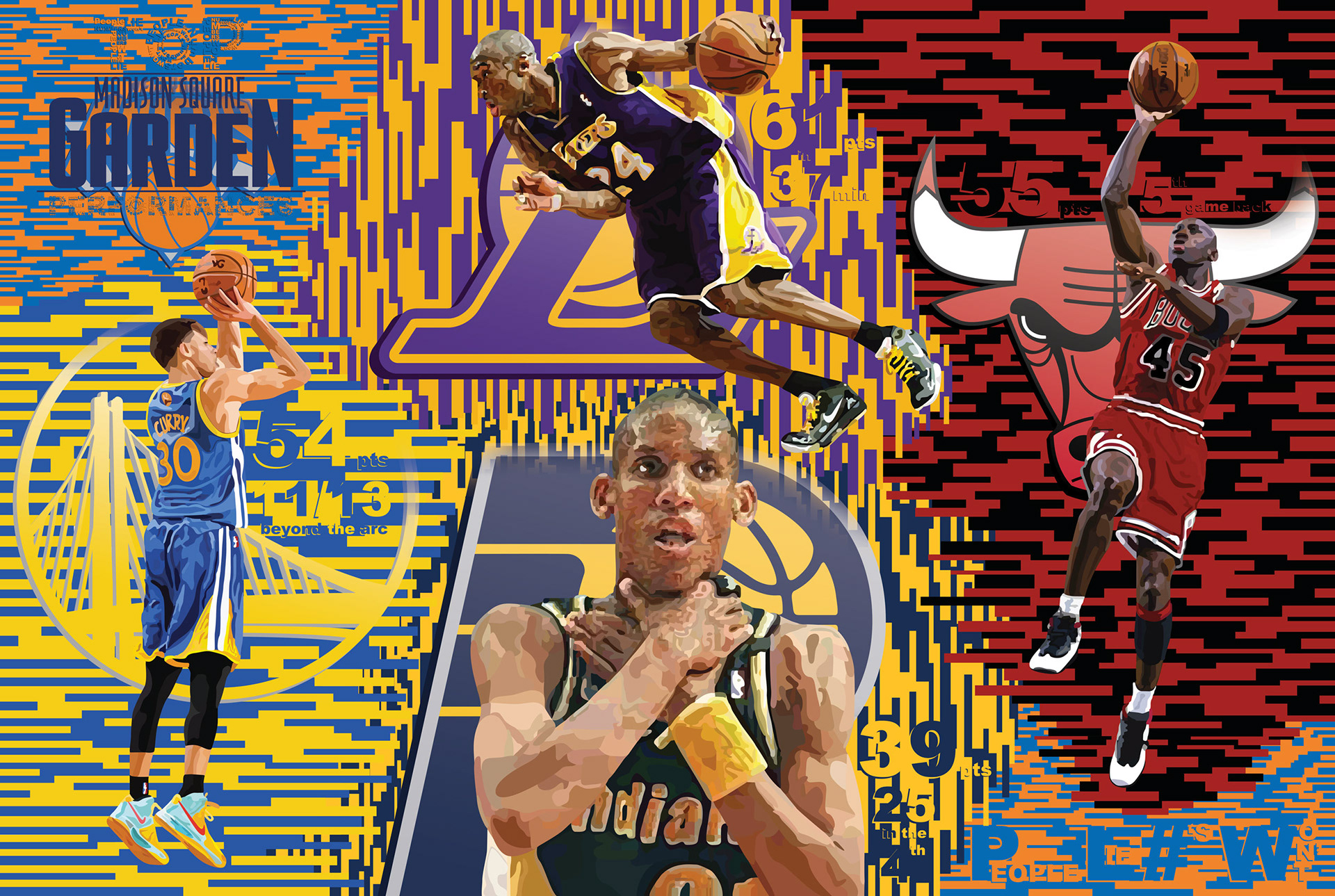Stephen Curry, Kobe Bryant, Michael Jordan and Reggie Miller illustration poster