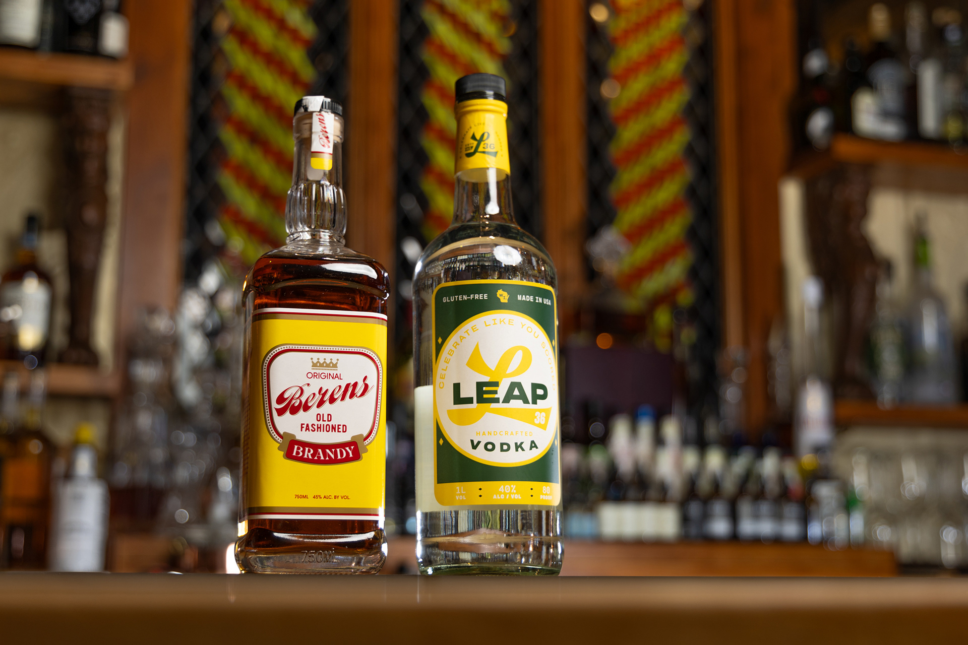 Berens Brandy and Leap 36 bottles on bar counter