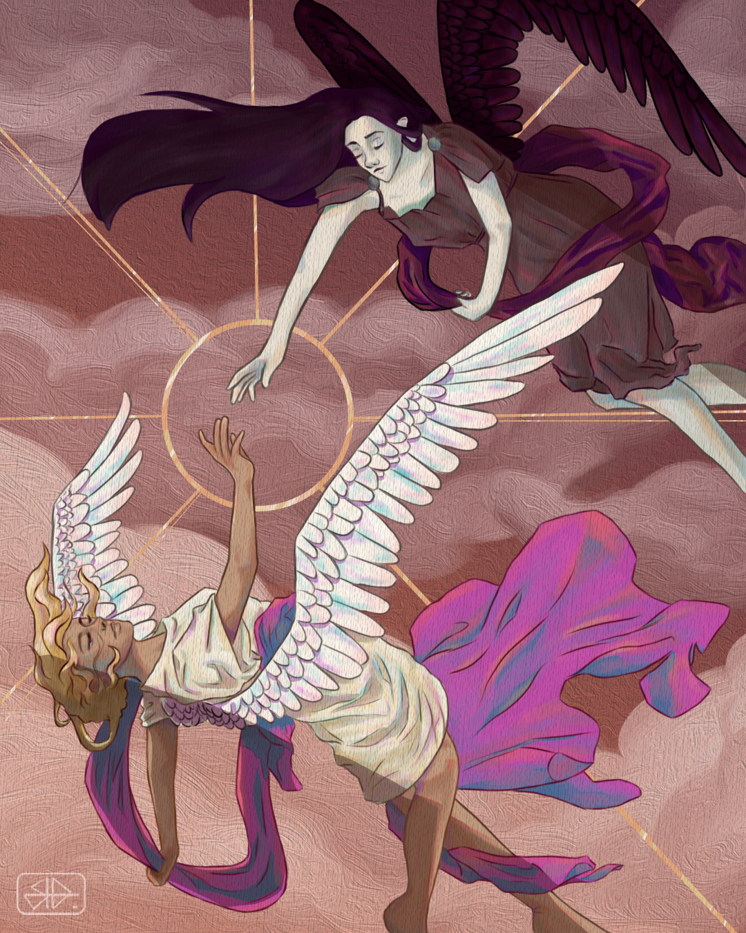 A drawing of my interpretation of how day becomes night, depicting the ancient goddesses Eos and Nyx of day and night respectively.