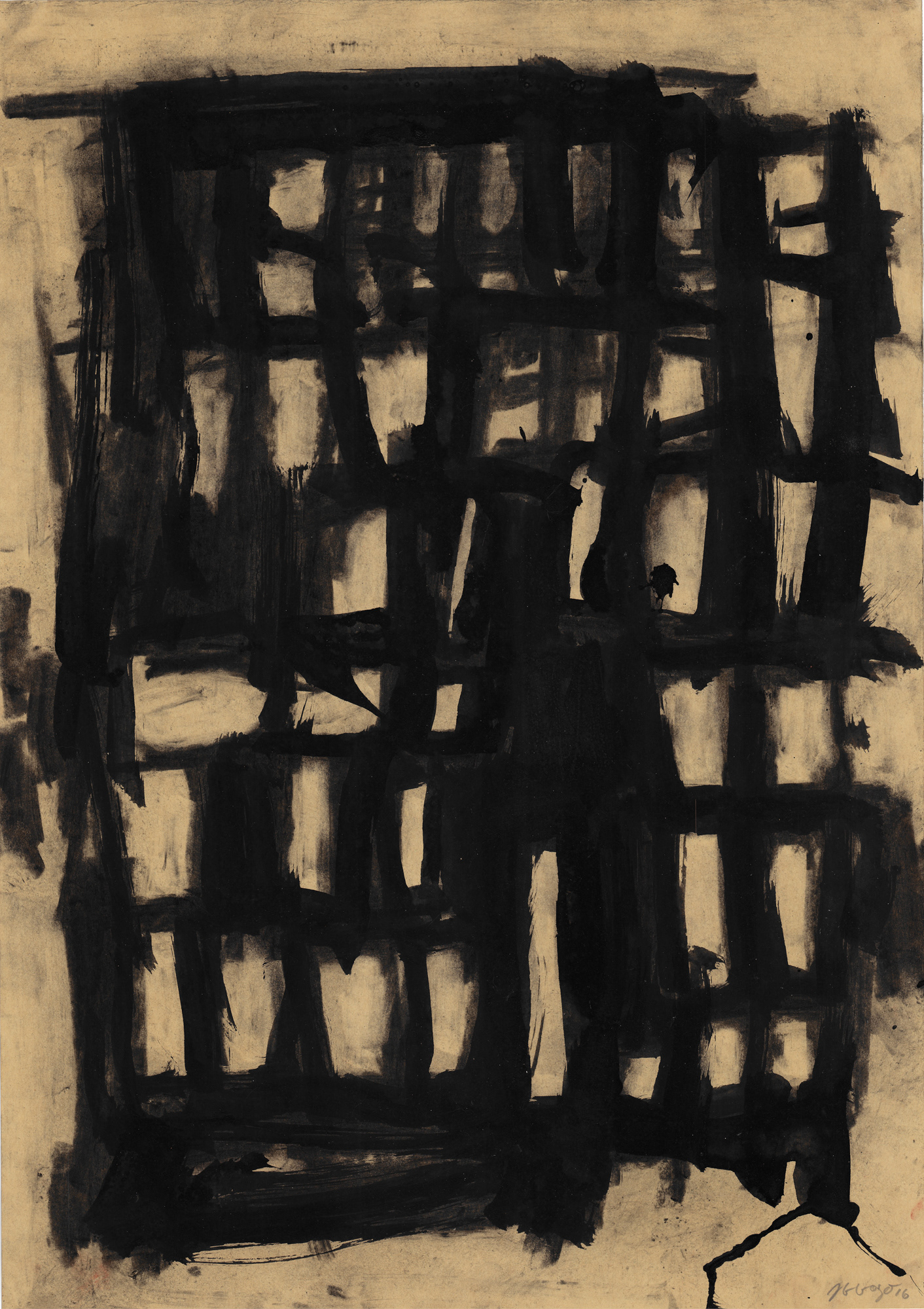 Untitled, 2016 . Indian ink and charcoal on kraft paper, 38.5 x 55 cm