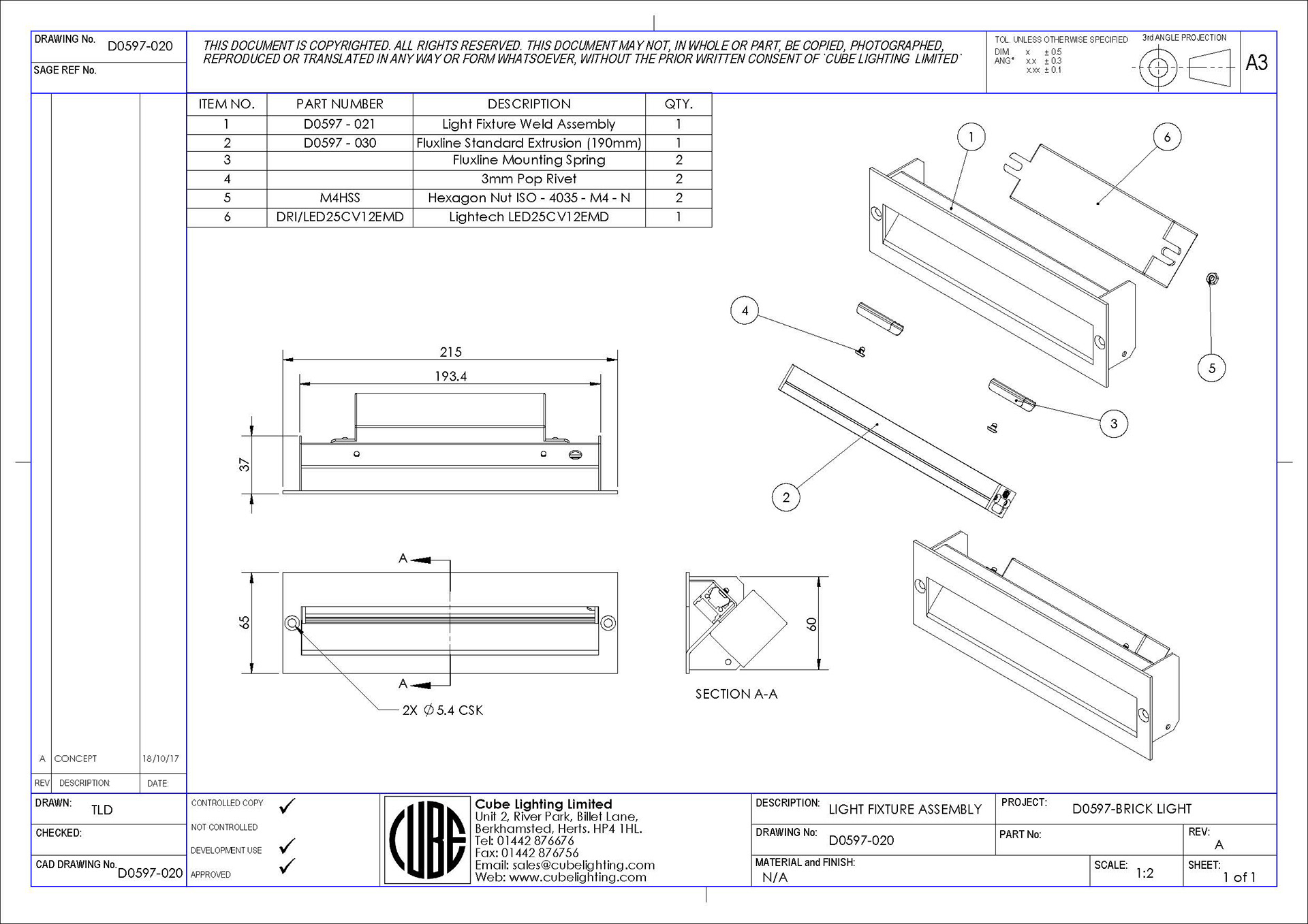 Sub-assembly drawing, showing general construction of the light fitting