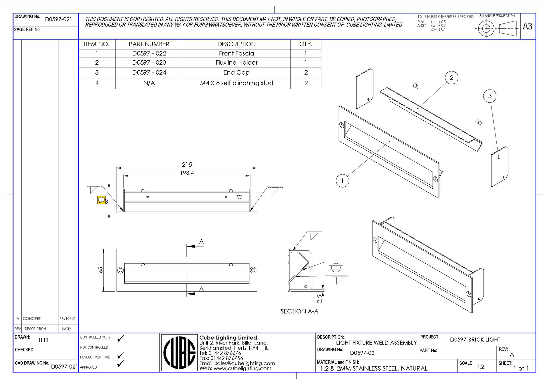 Sub-assembly drawing, showing construction of the light fitting's welded chassis