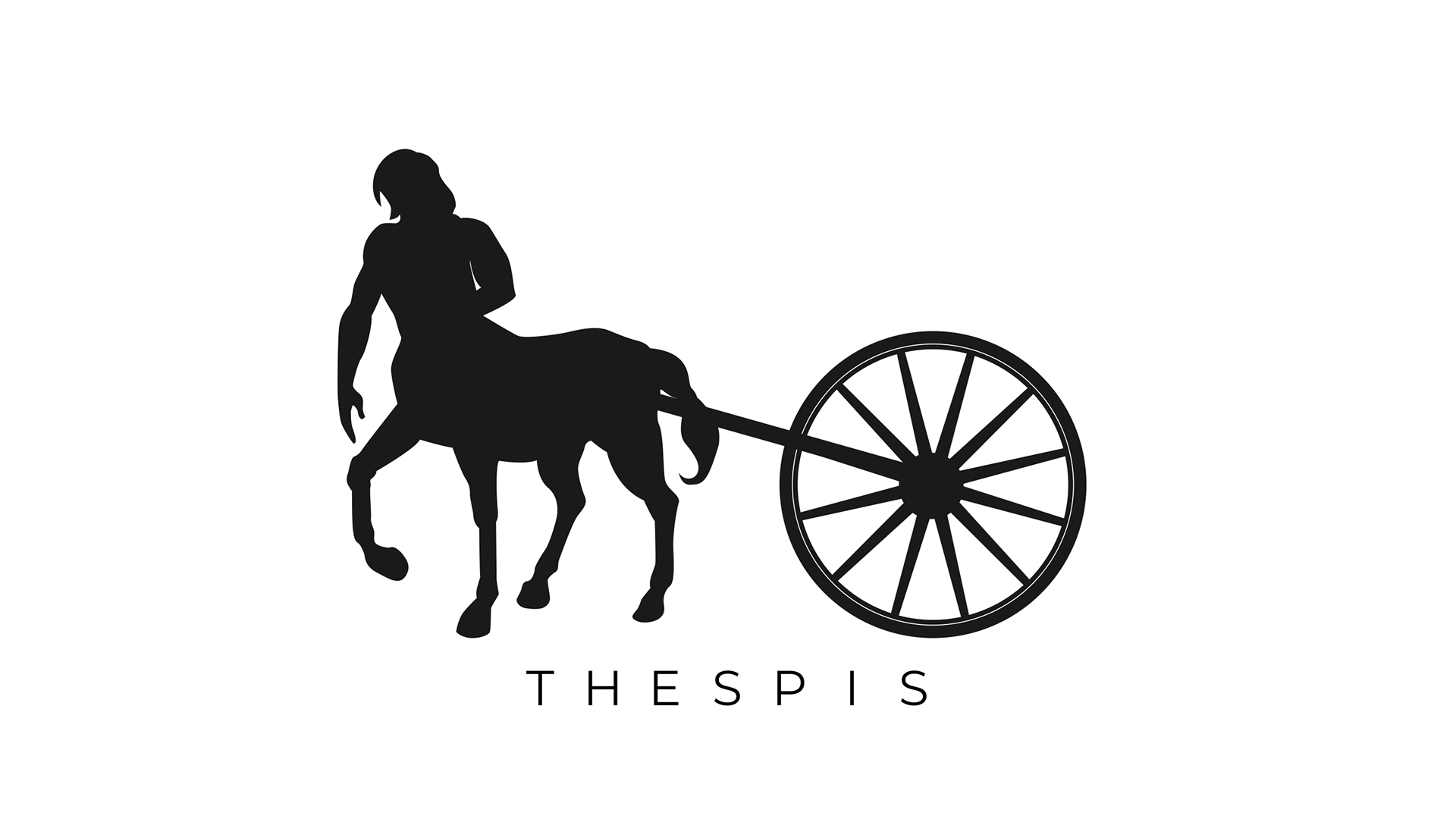 Black silhouette of a man's head with shoulder length hair and male torso with a horses body pulling a single attached to a single cartwheel with the word Thespis underneath the image. 