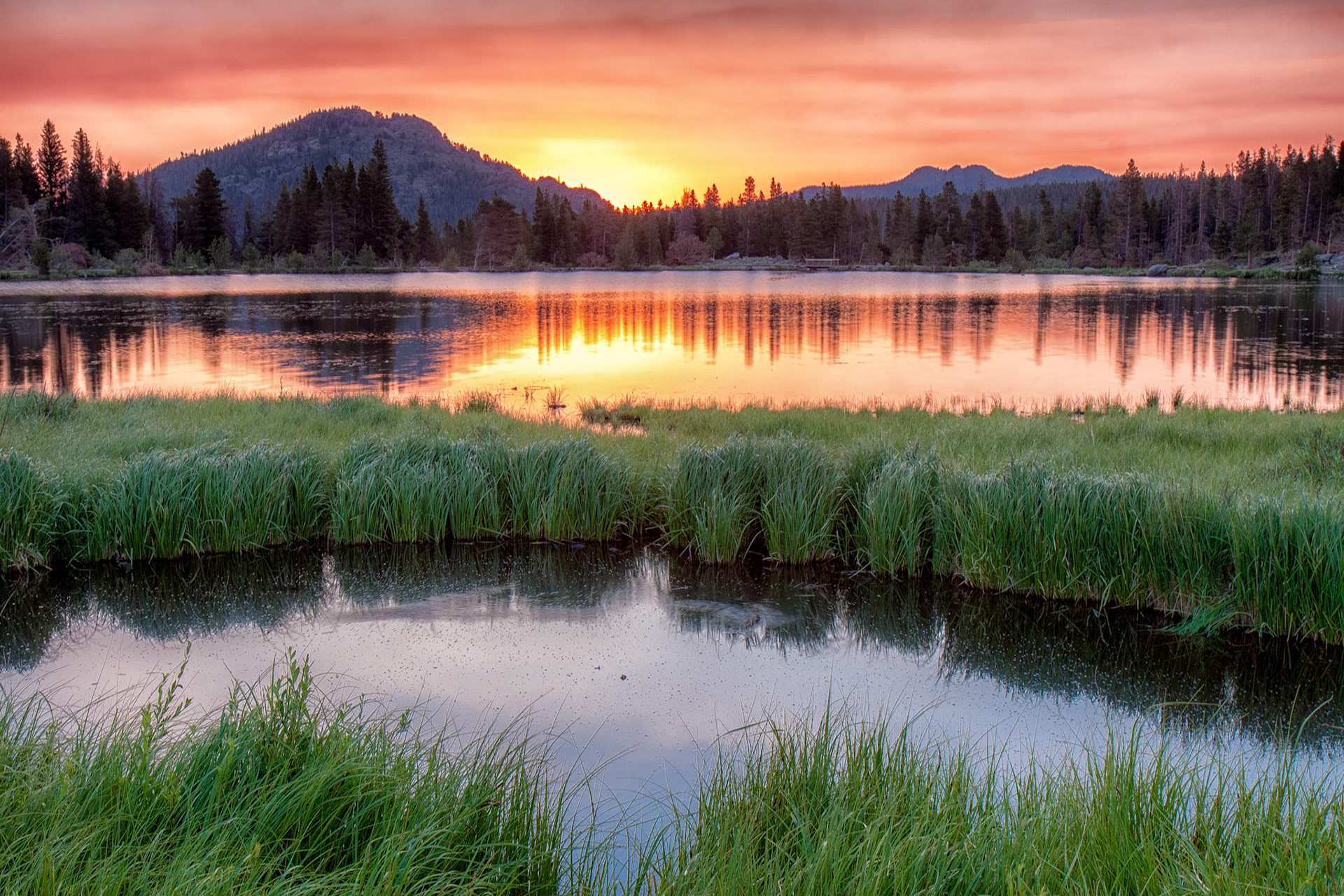 Sprague Lake Sunrise Looks East with Foreground Pool