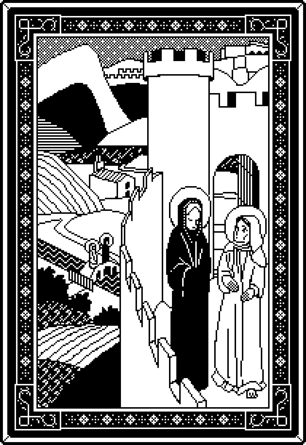 V. (On pilgrimage) "When the handmaid of God had drunk a little water a woman appeared to her, the Mother of the Son of God.... They went on together."