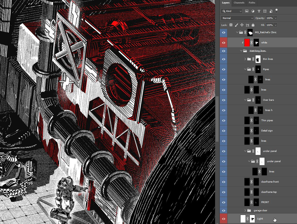 Showing the "Light" mask copied and inverted on top of the "Hatching lines" folder, thereby turning lines in shadow white.