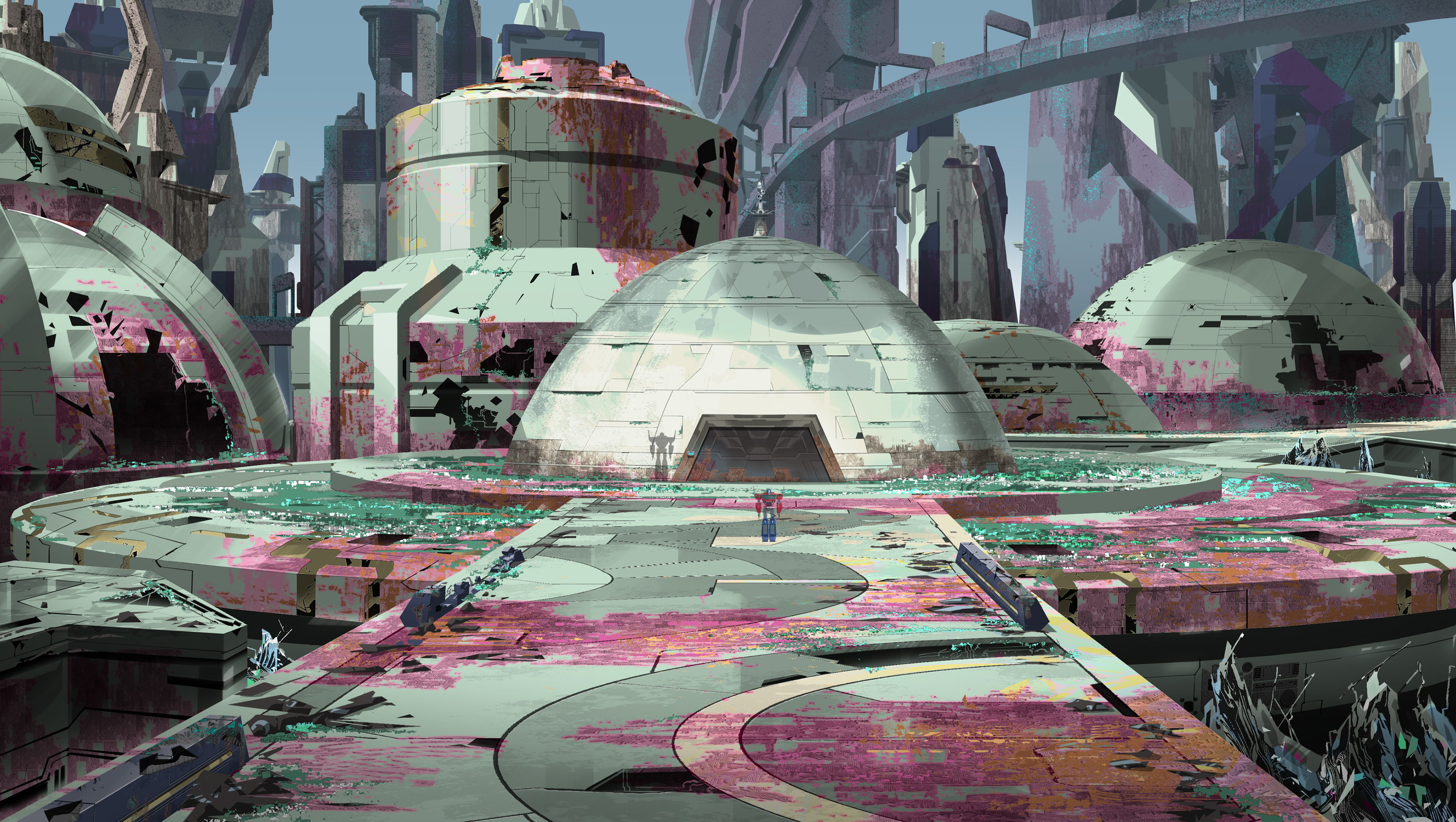 Vicinity of the Autobot base: I painted over the CG team's renders to help establish palette and texture structure of ruined Cybertron