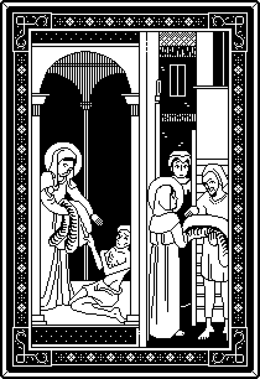 IV. "Zita took [her master's cloak] from her shoulders and wrapped the poor man in it. ....When she came home without the cloak, her master attacked her with bitter reproaches. ...But oh the immense clemency of the divine goodness! At the hour of terce, the pauper appeared in the middle of the stairs, presenting the most beautiful aspect to the beholders."