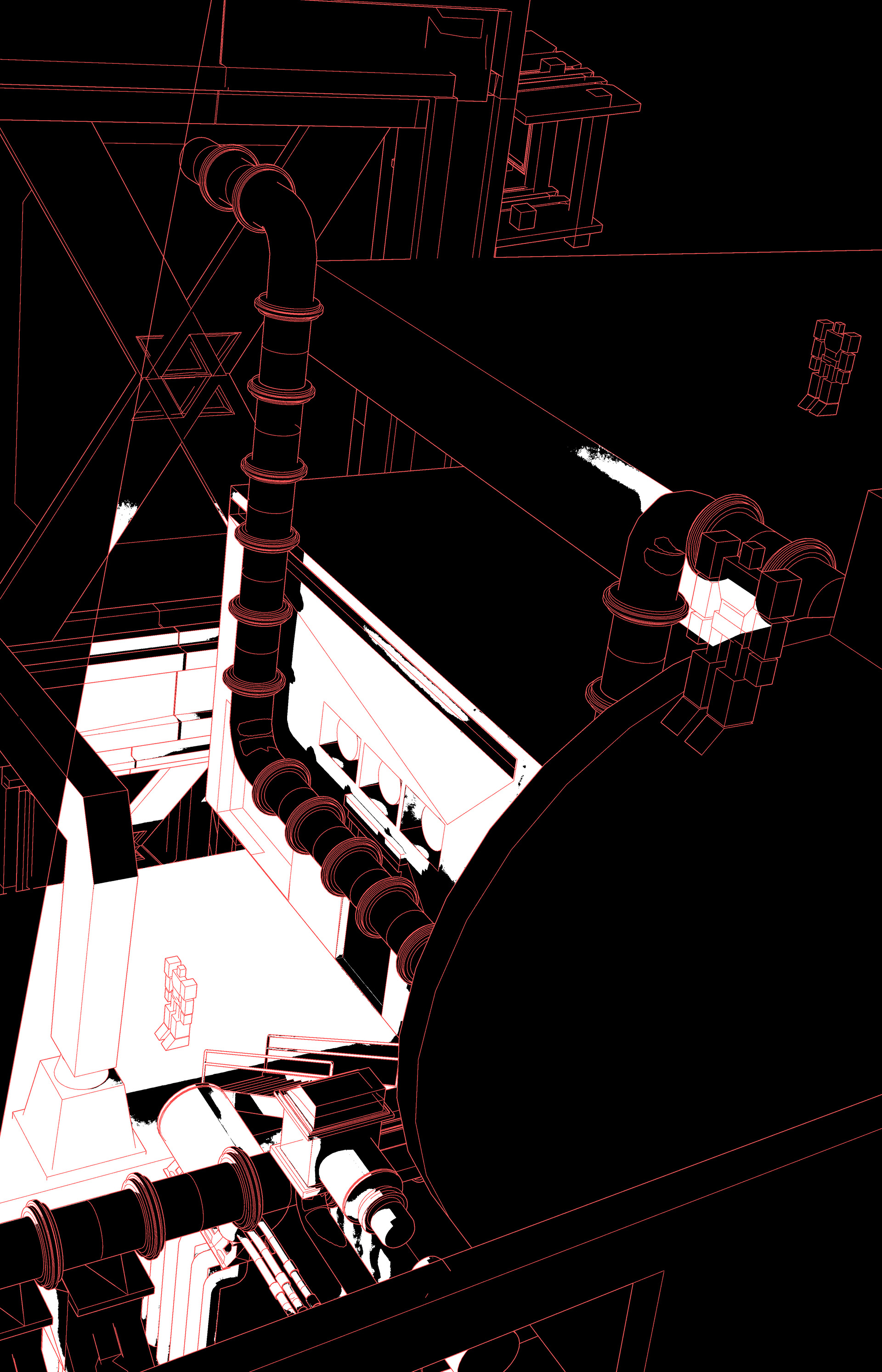 Closeup: Threshold filter to separate light and dark so that I can use white hatch lines in the shadows and black lines in the light