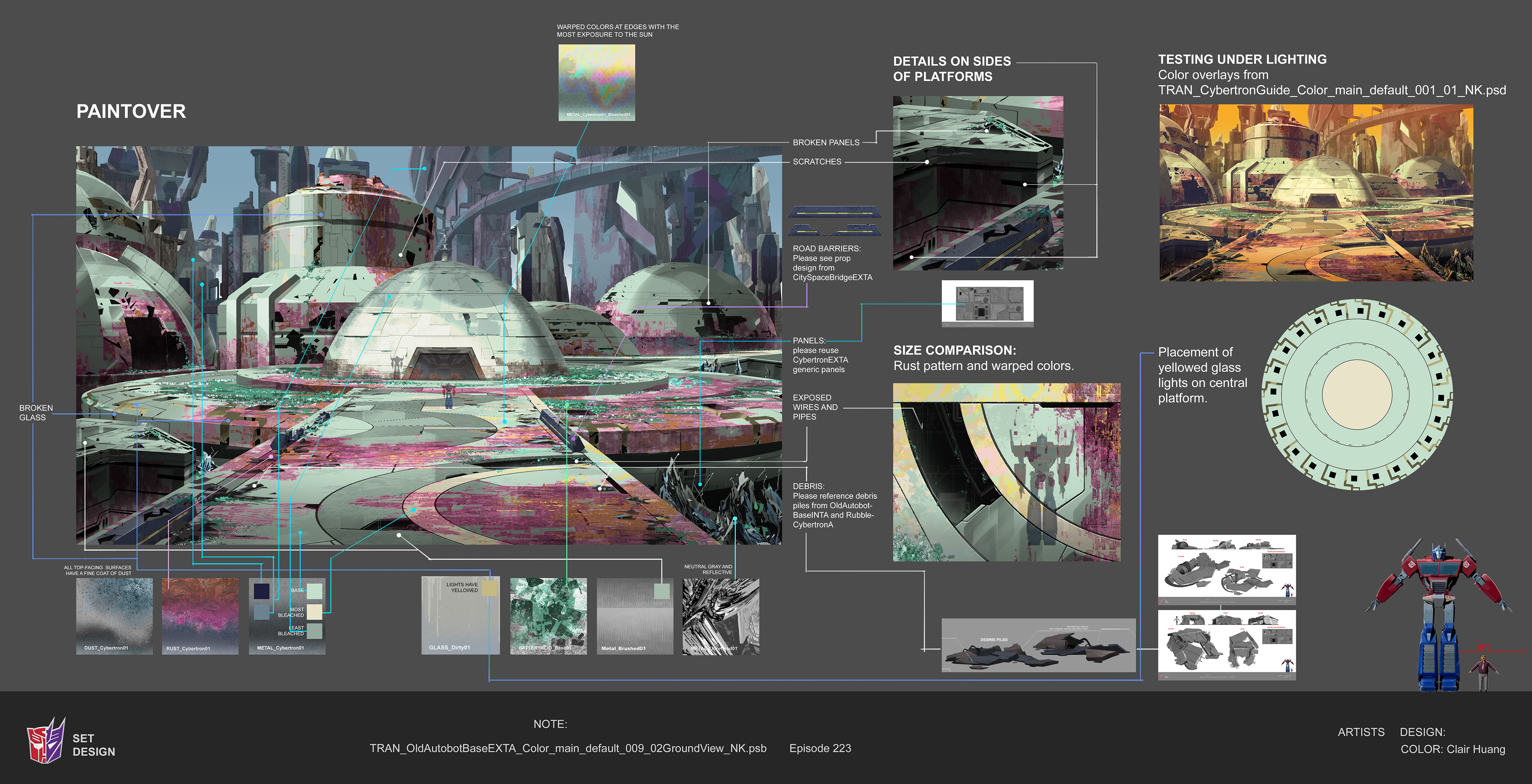 Paintovers of CG team's renders to establish palette and texture structure of ruined Cybertron