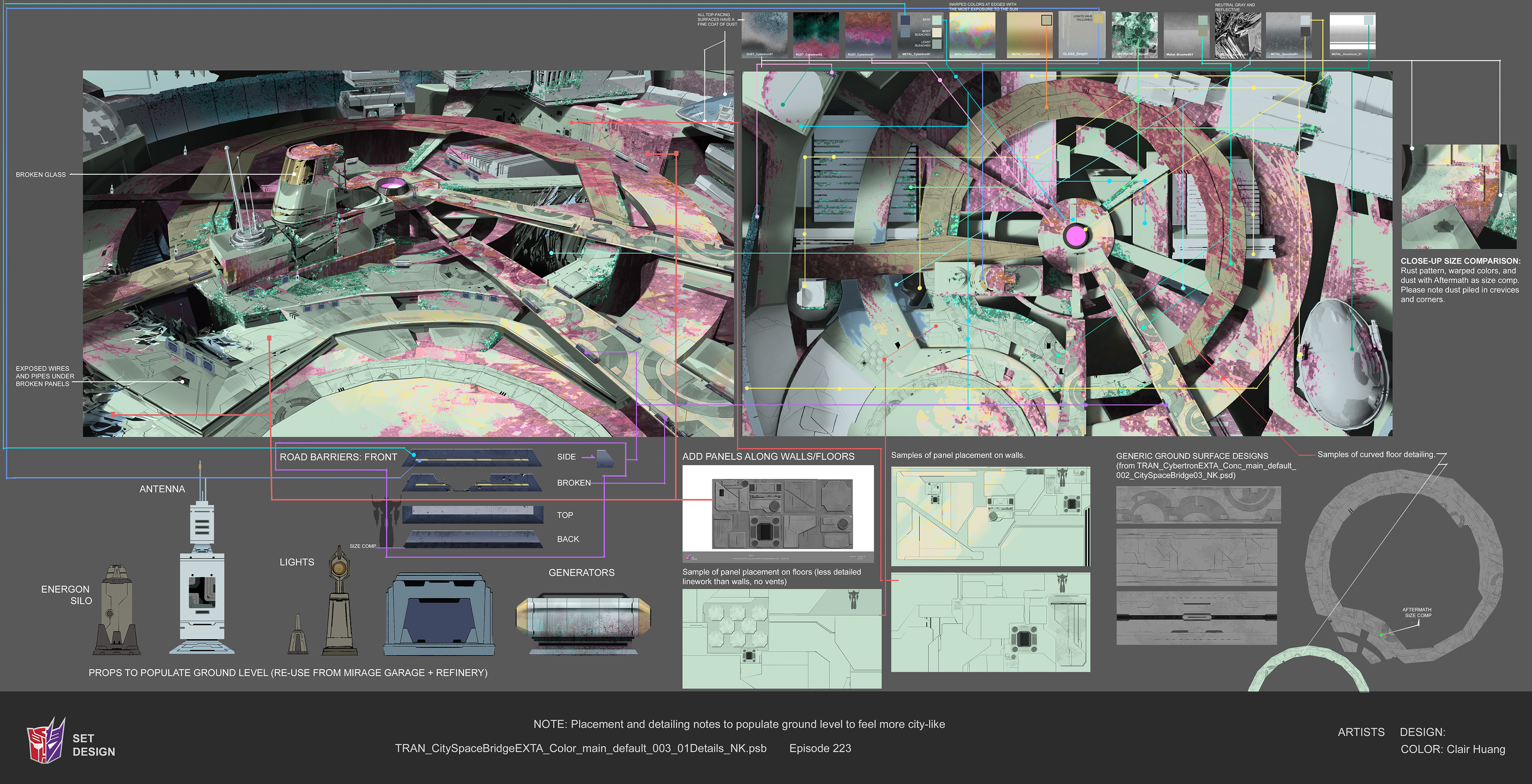 Paintovers of CG team's renders to establish palette and texture structure of ruined Cybertron. Recolored refinery and garage props designed by Angelo Vilar and originally painted by Sophia Nelson. Designed road barriers.