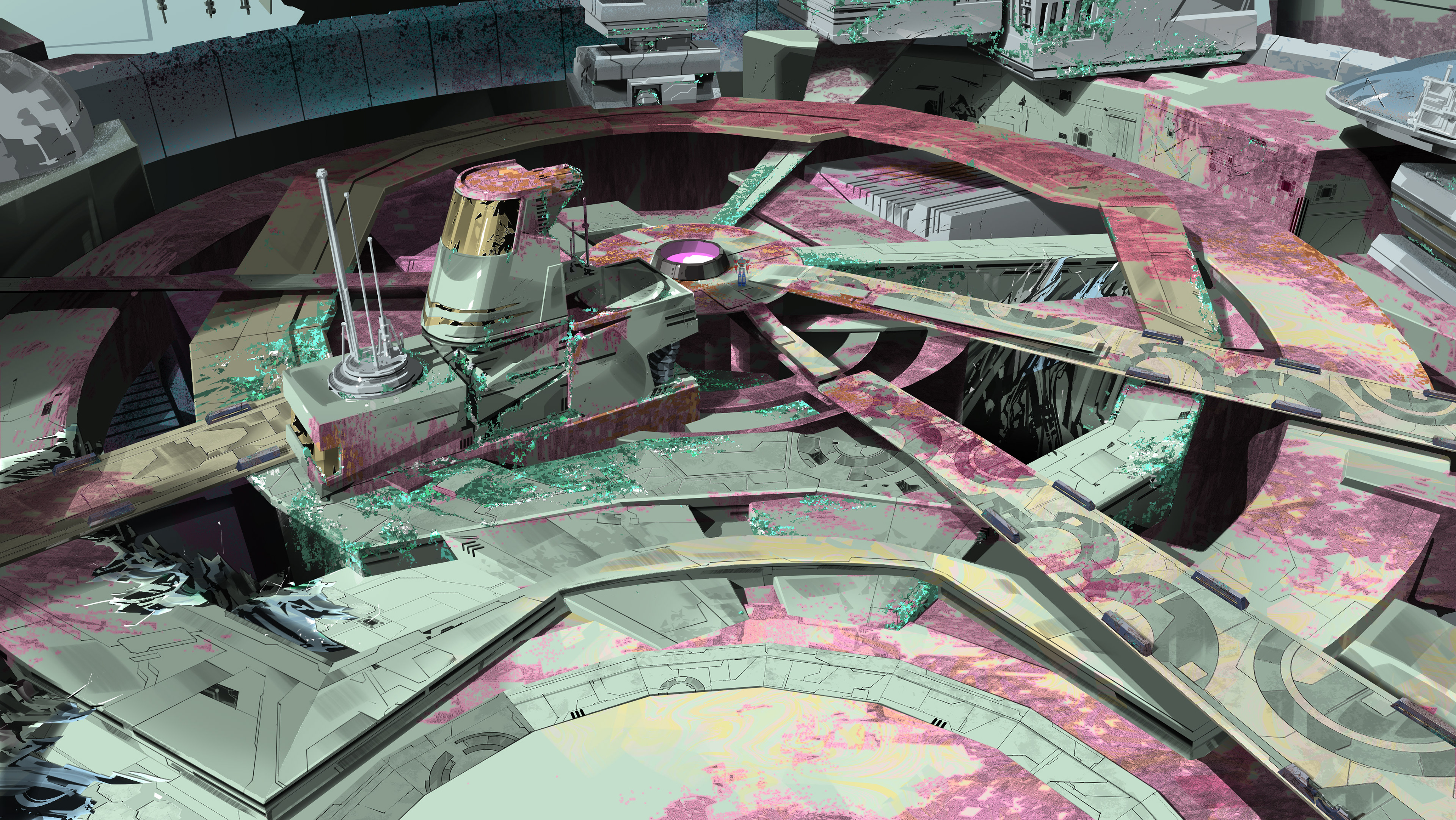 Vicinity of the spacebridge: I painted over the CG team's renders to help establish palette and texture structure of ruined Cybertron