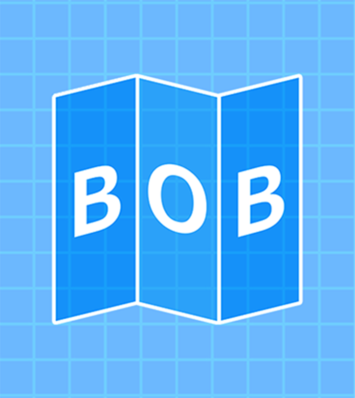 BOB logo: the letters B, O and B on a folded surface and a blueprint-style background.