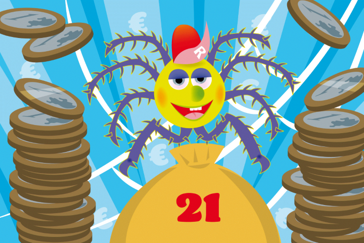 Rizzweb (intranet voor Risse Groep medewerkers) mascotte met een zak geld