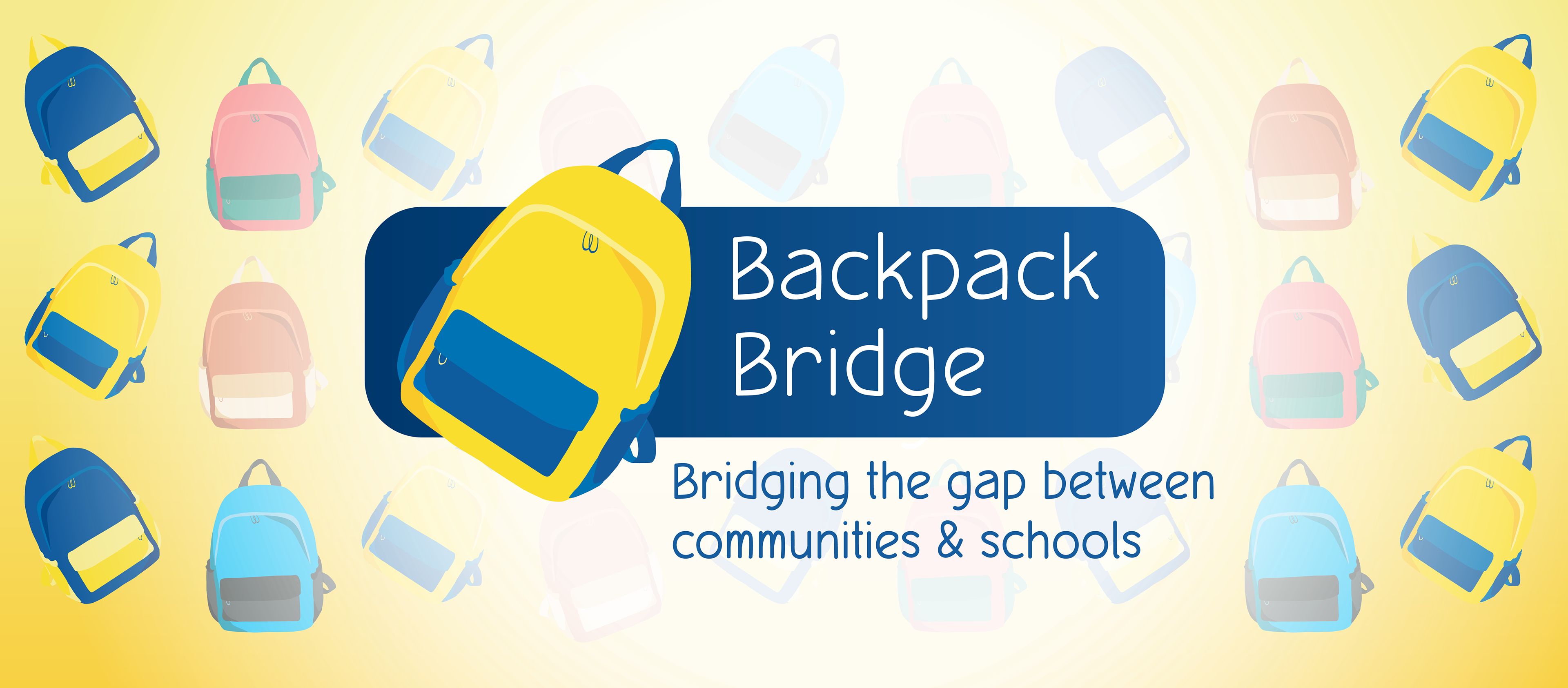 Backpack Bridge logo on top of patterned backpack banner photo.