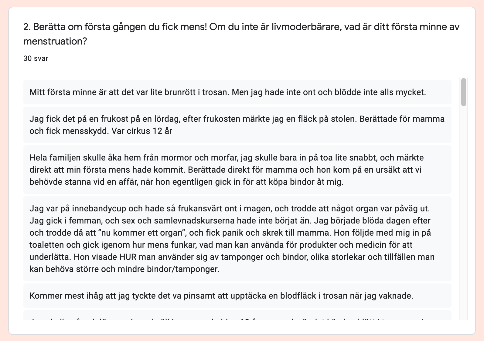 Enkätundersökning om individers menshistorier och - upplevelser.
