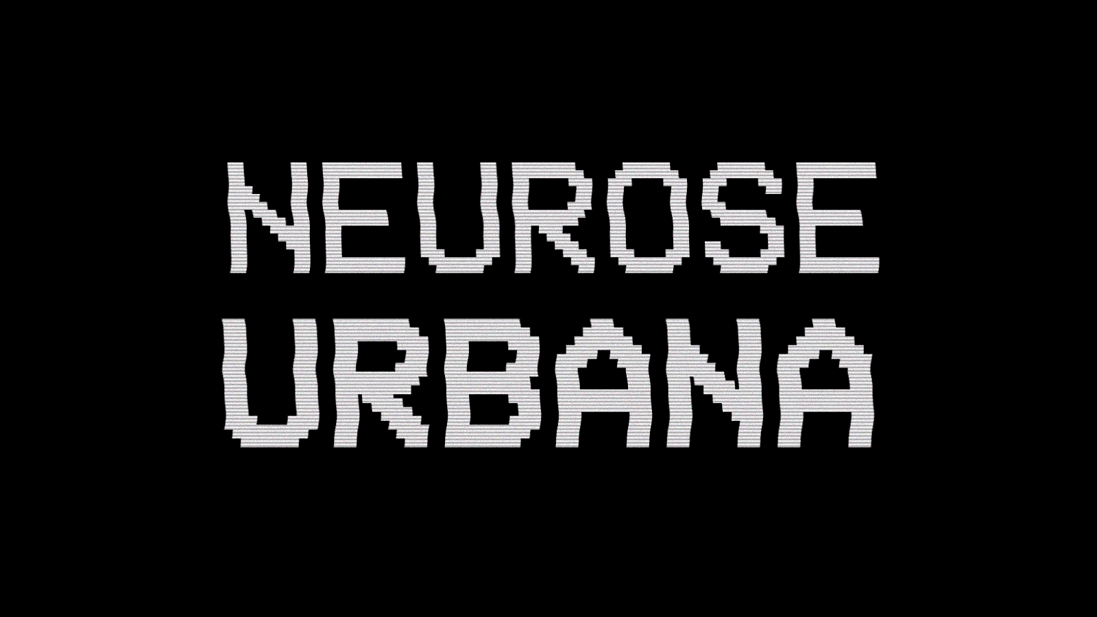 Imagem animada com logo do projeto, escrito "Neurose Urbana" em letras maiúsculas, numa letra em estilo monoespaçado, com filtros de "glitches" computadorizados