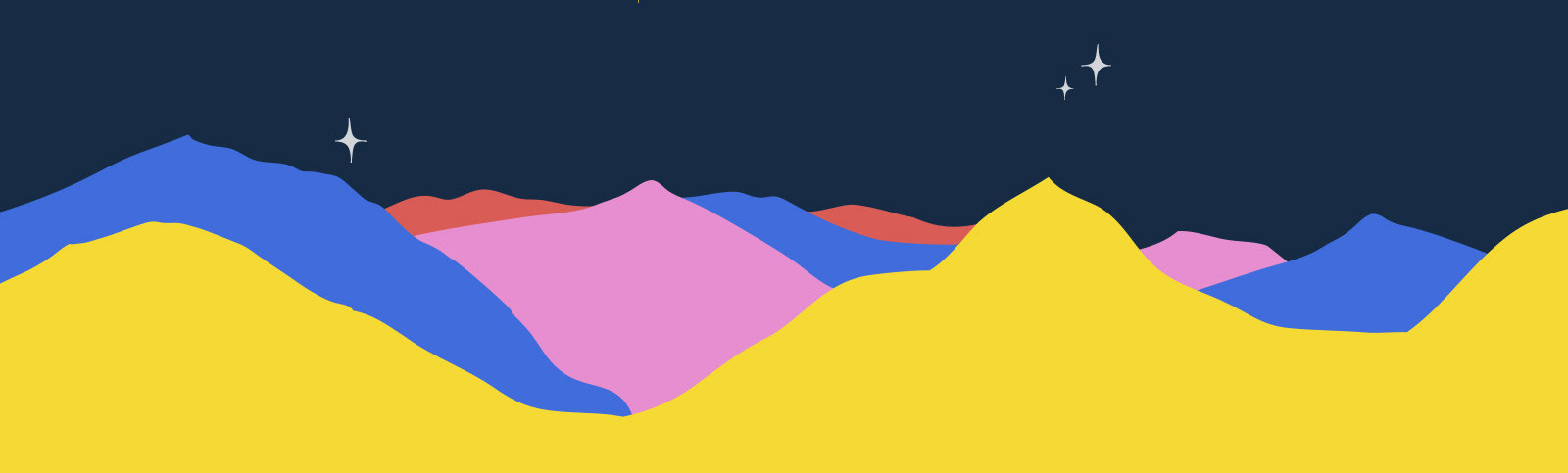 Imagem decorativa de montanhas coloridas nas cores amarela, azul, rosa e vermelho claro num aspecto de papel celofane com um céu noturno estrelado de fundo.