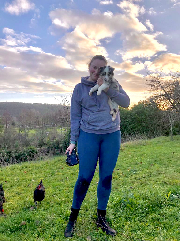 Me on Workaway with our Puppy Tiny before we knew we would bring her home. I was in the middle of photographing all the litter ready to be advertised.