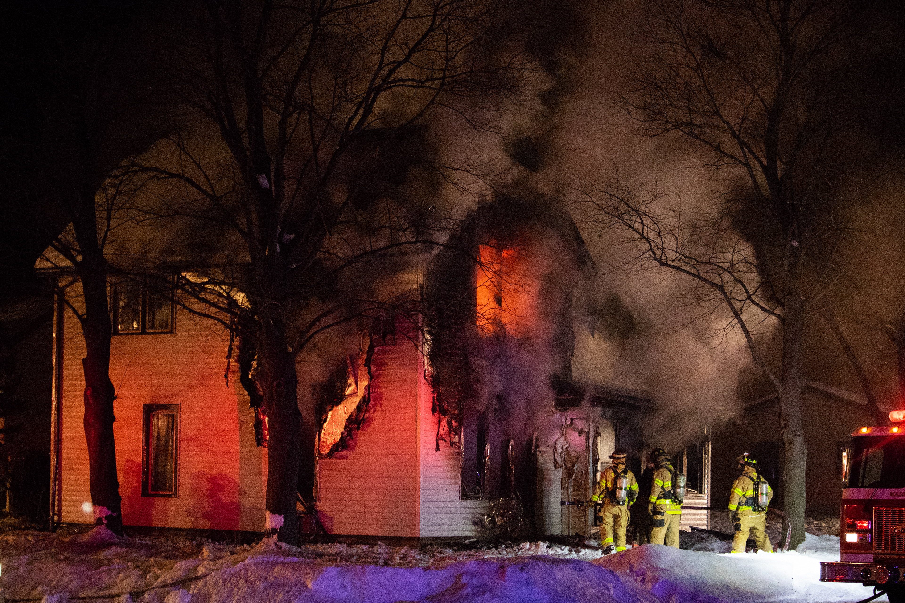 Multiple fire departments work to extinguish a house fire in Mazomanie. The home was later deemed a total loss.