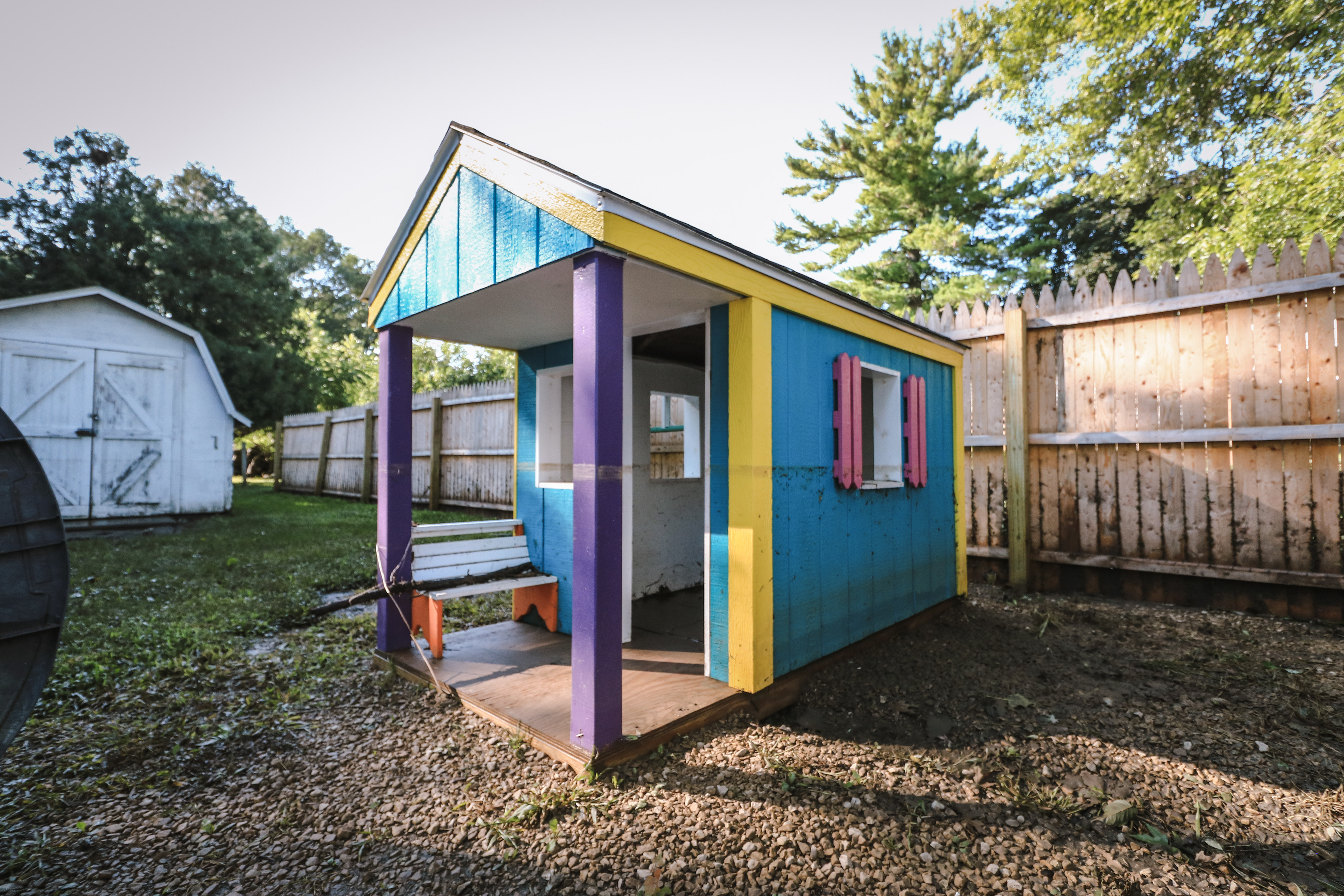 A 3 foot water line is visible on a kids play house.