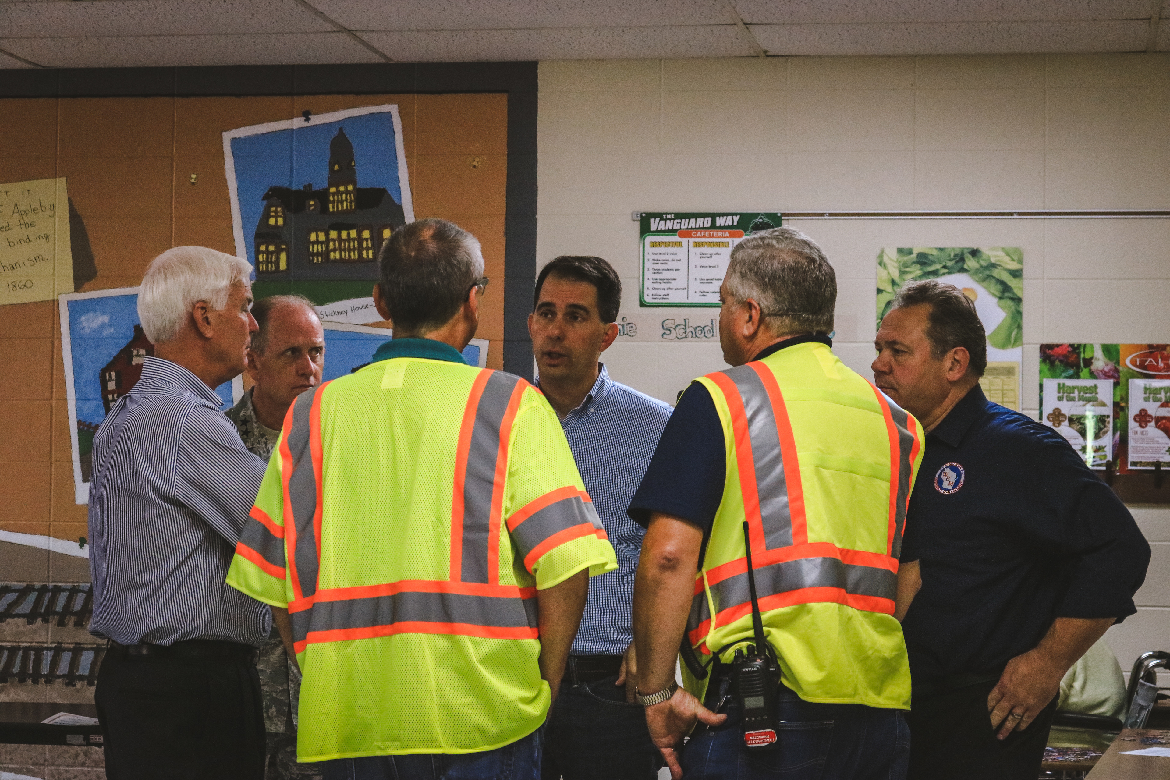 Wisconsin Governor, Scott Walker, meets with Mazomanie Village President, Gary Harrop, Mazomanie Administrator, Peter Huebner, and Mazomanie Fire Chief, Mark Geisler.