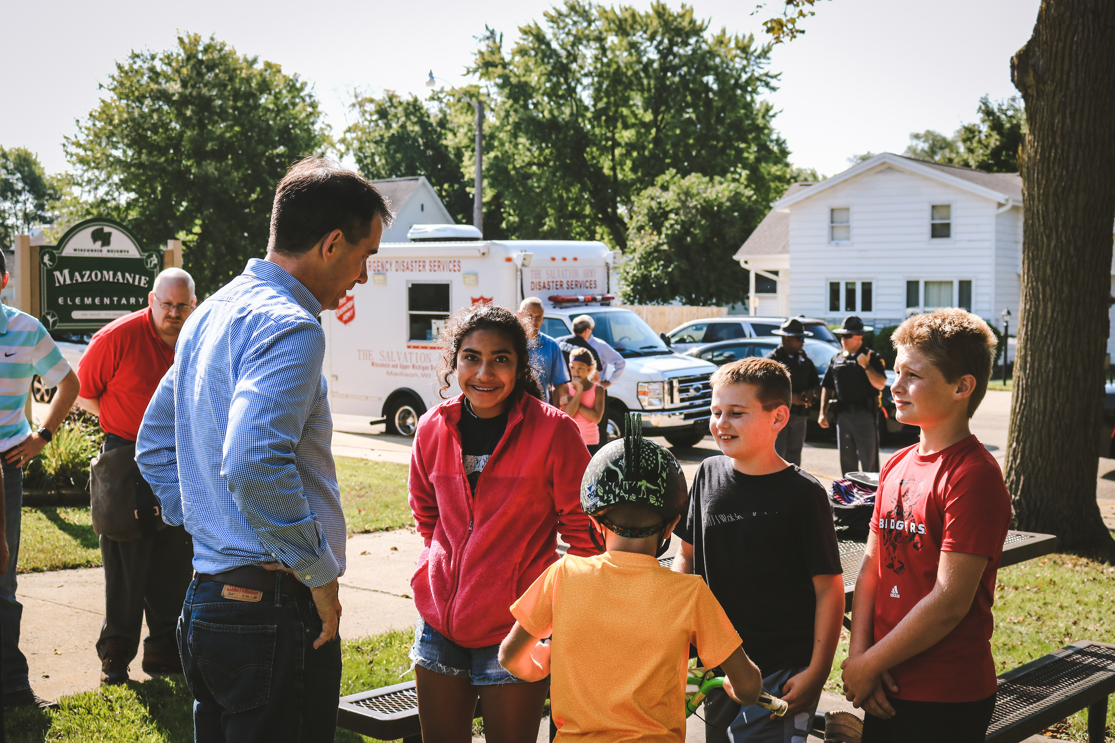 Wisconsin Governor, Scott Walker, talks to students of Wisconsin Heights following the flooding.