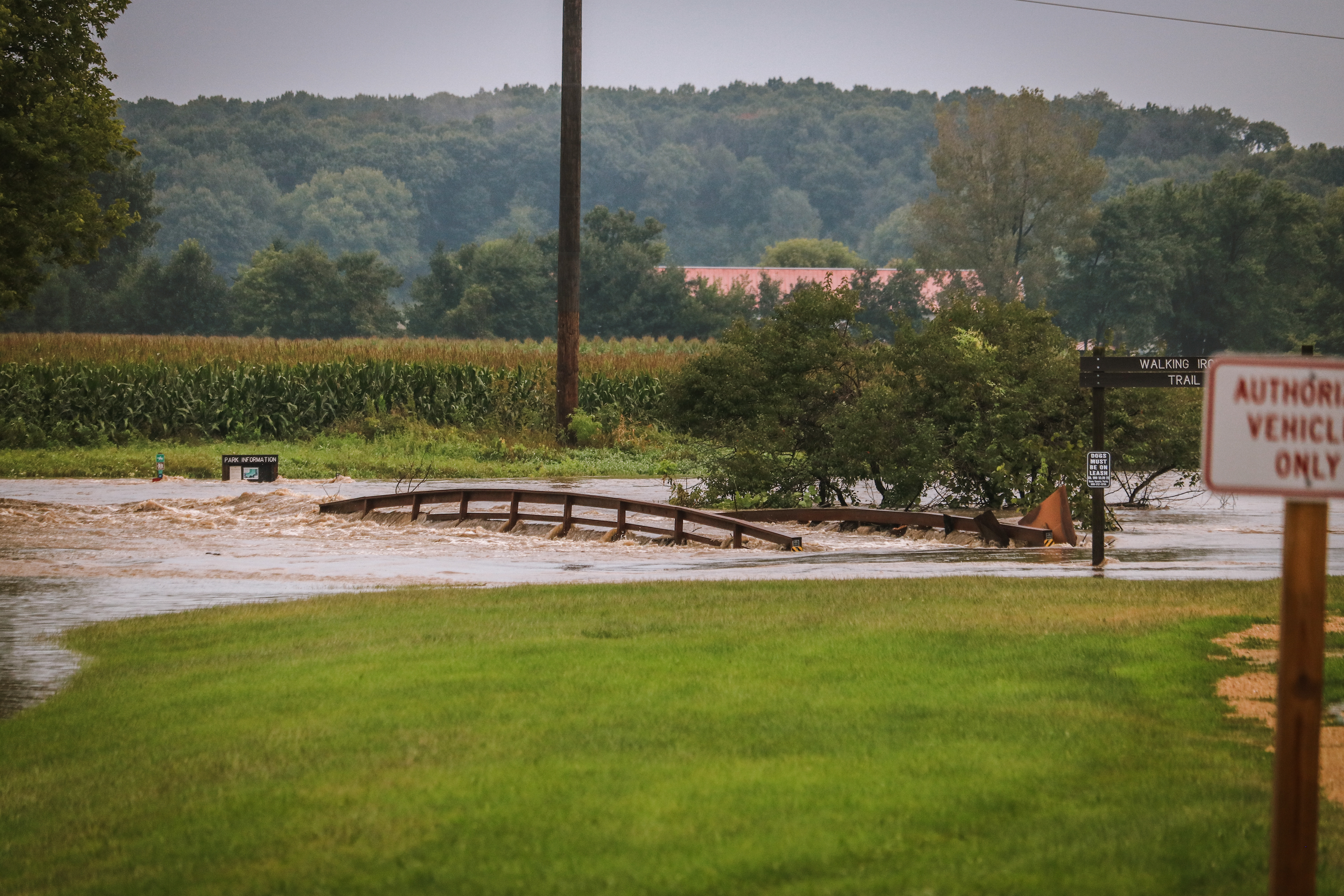 The Walking Iron Trail Bridge is barely visible as water flows right through it.