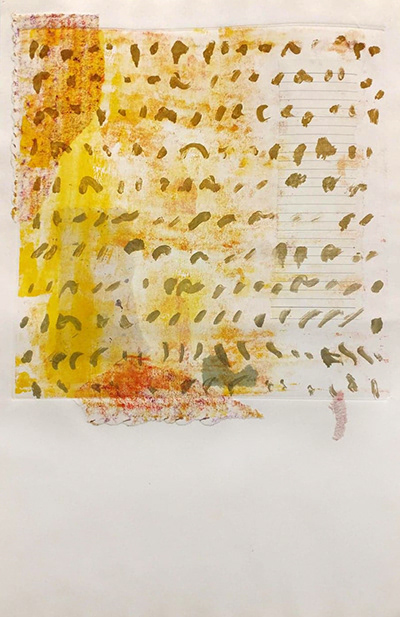SOLD "War Drums Memory" is a rhythm that came up from what felt like an ancient memory I experienced whilst meditating. It represents my Indigenous side and the deeply engrained memories of colonial war coming on the horizon. The rows of marks represent the countless people, seeds, and cultural expressions that have been lost through colonialism. And, the collaged materials and layers of the piece suggest the continually unknown forces that come into the picture of our collective experience."
