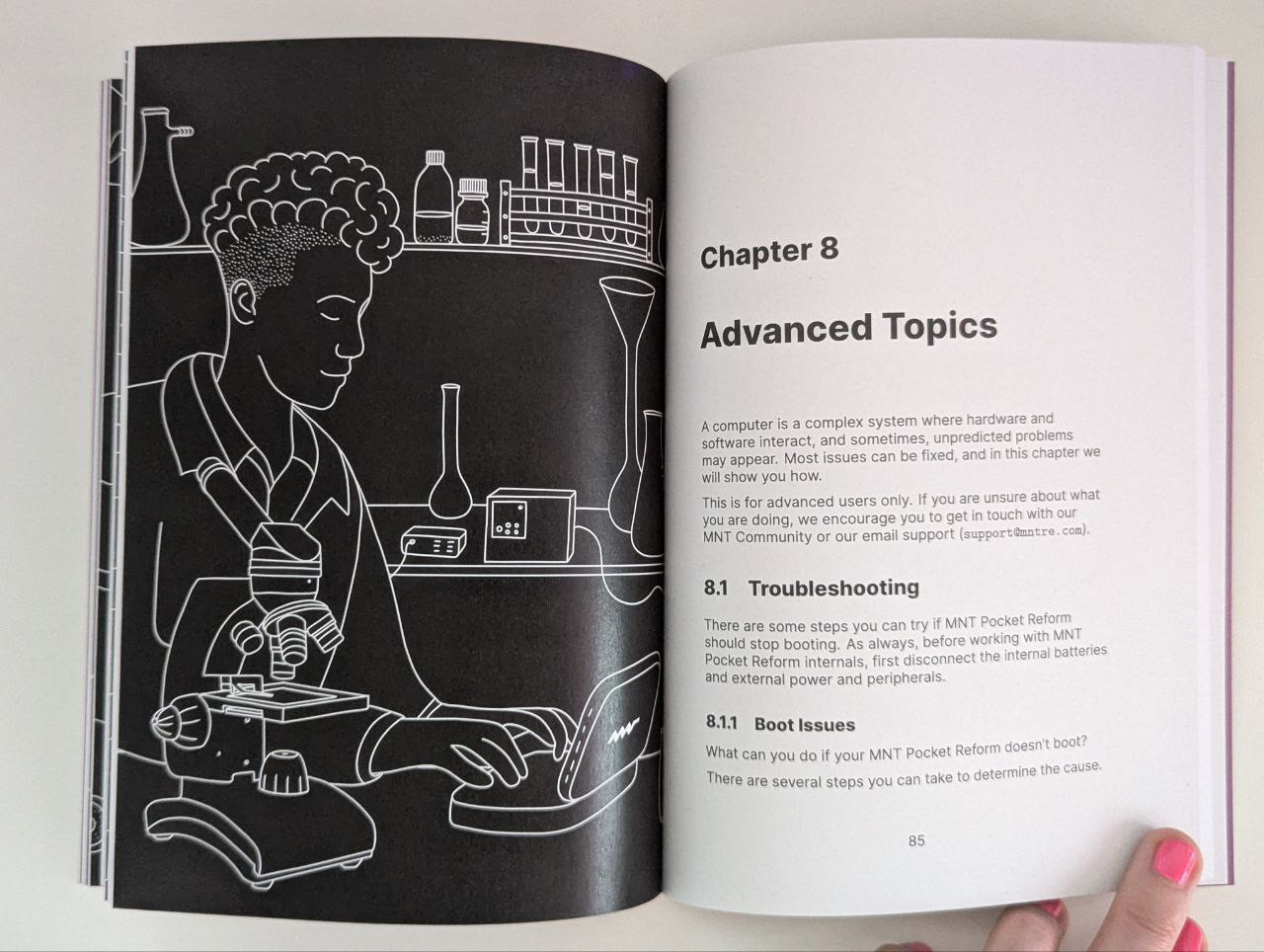 2 pages of the book. on the left: my illustration. it shows a person in a lab using pocket reform. on the right, there is text: chapter 8: advanced topics.