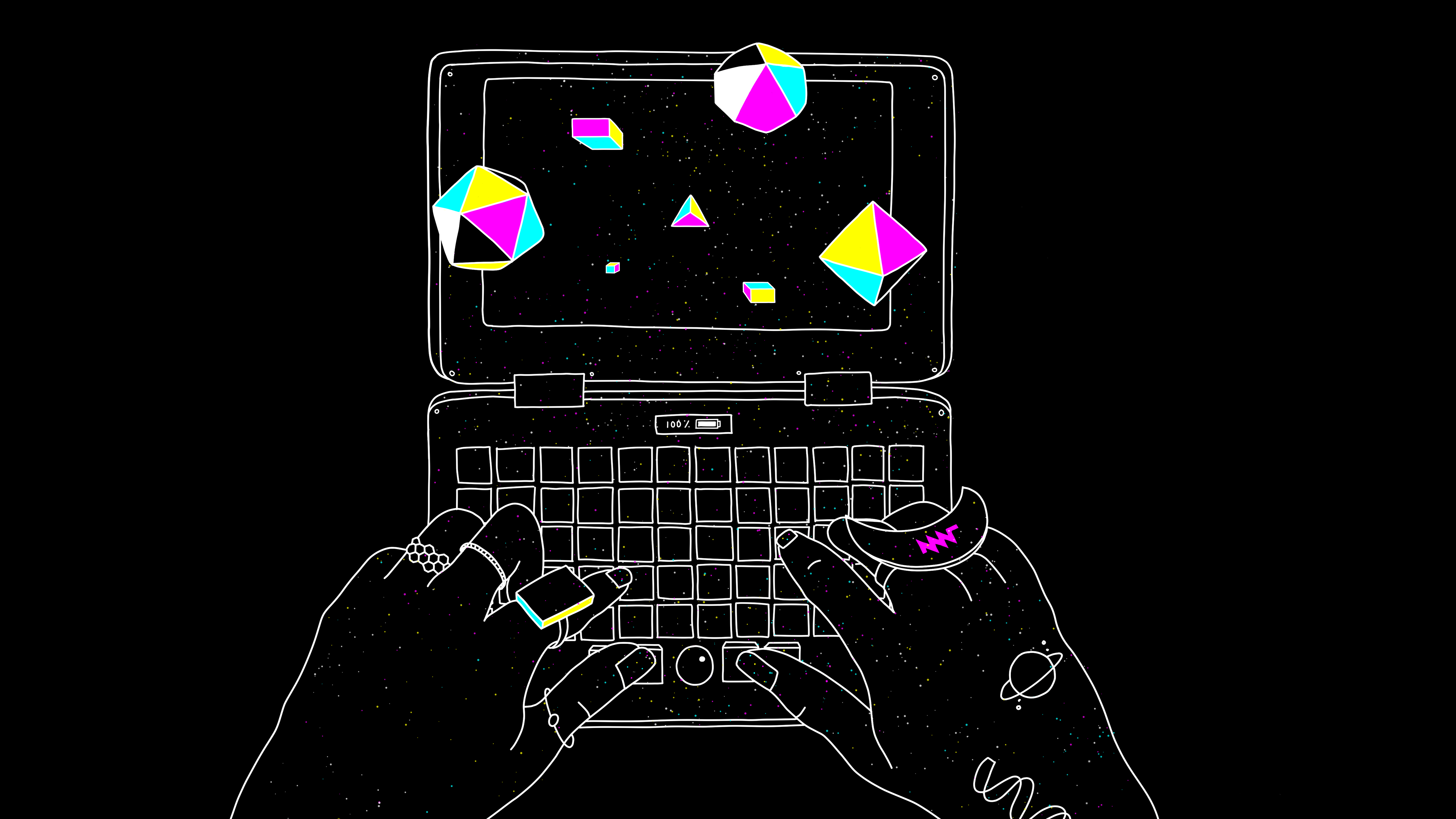 a mini laptop that looks magical, with geometric shapes coming out of the screen. tattooed hands are typing. there's a crescent moon ring with the mnt logo on the right hand.