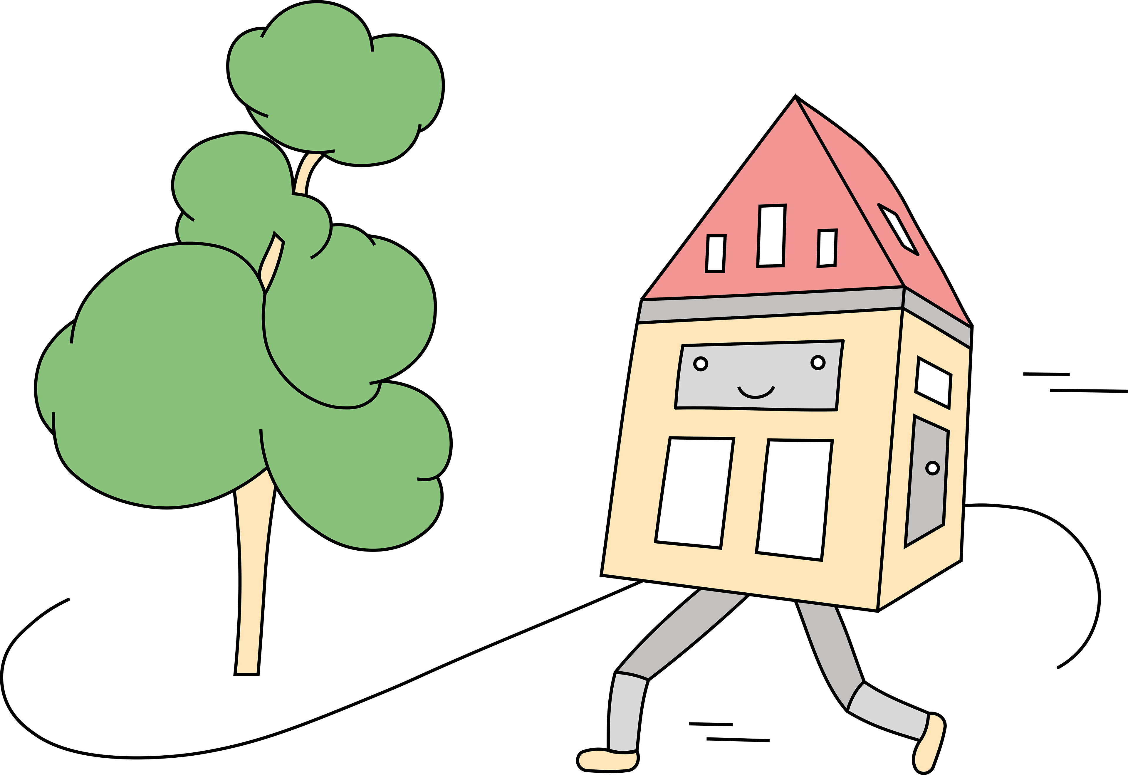 a house with a smiling face, running towards a tree