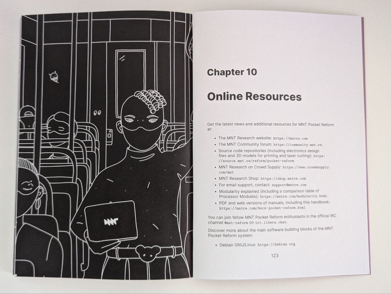 2 pages of the book. on the left: my illustration. it shows a subway from inside. there are four people, of them are using pocket reform. on the right, there is text: chapter 10: online resources.